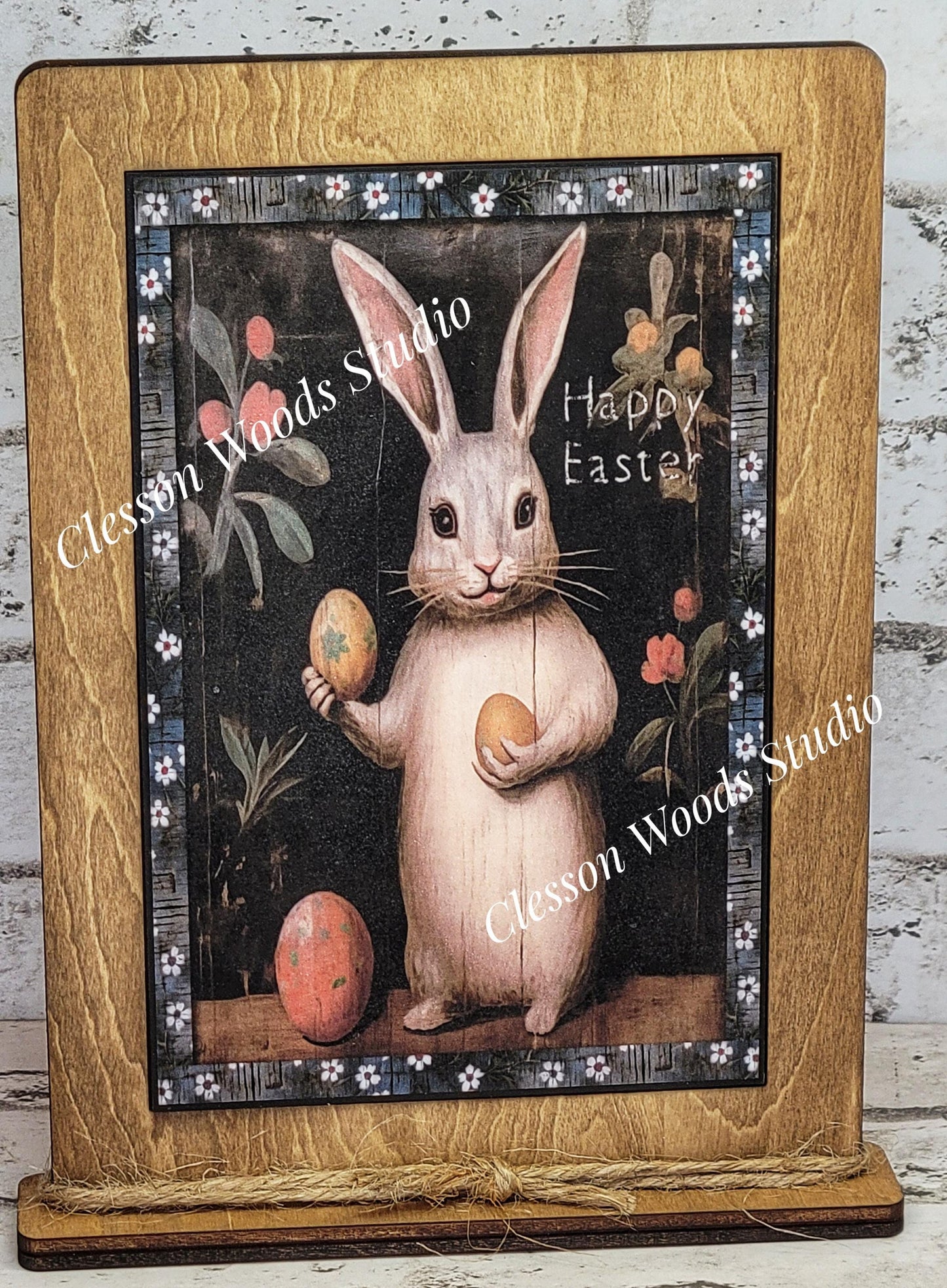 Primitive Bunny Happy Easter Framed Art with Attached Stand