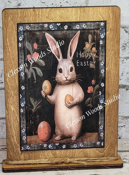 Primitive Bunny Happy Easter Framed Art with Attached Stand