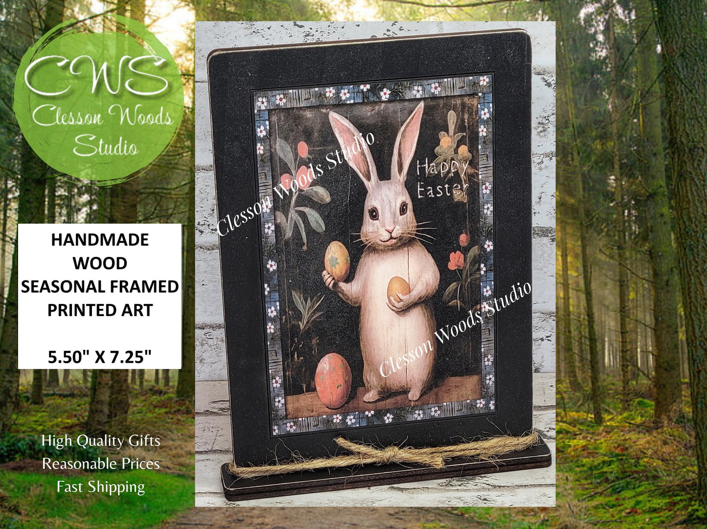 Primitive Bunny Happy Easter Framed Art with Attached Stand