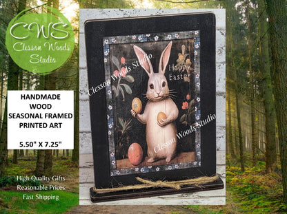 Primitive Bunny Happy Easter Framed Art with Attached Stand