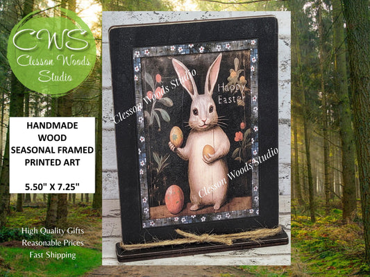 Primitive Bunny Happy Easter Framed Art with Attached Stand