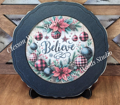 Christmas Believe Primitive Wood Plate Framed Art With Stand
