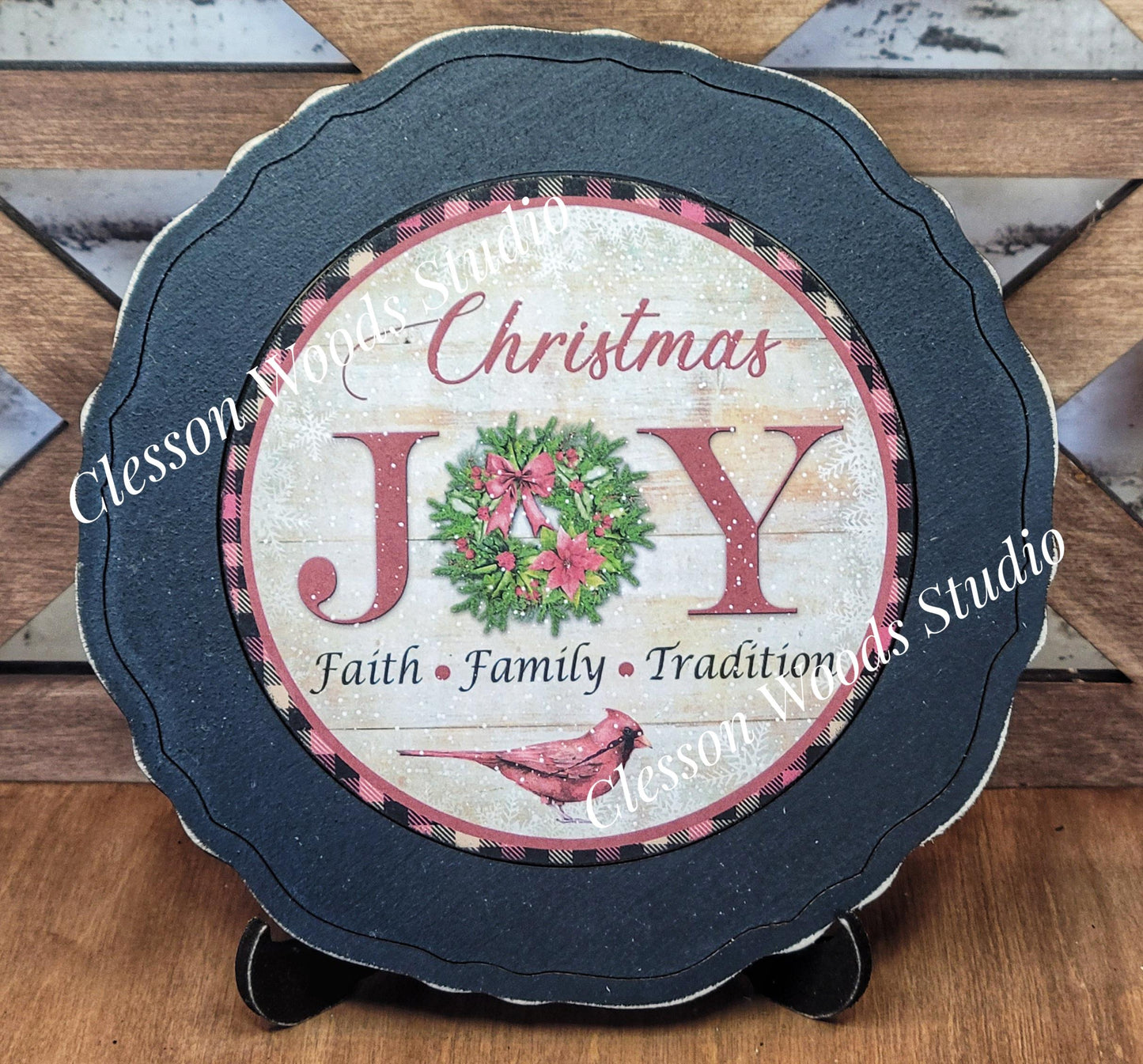 Christmas Joy Primitive Wood Plate Framed Art With Stand