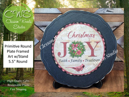 Christmas Joy Primitive Wood Plate Framed Art With Stand