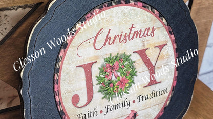 Christmas Joy Primitive Wood Plate Framed Art With Stand