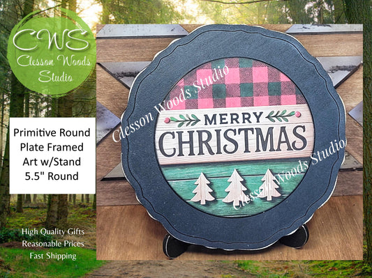 Merry Christmas Plaid and Wood Primitive Wood Plate Framed Art With Stand