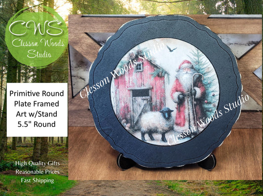 Santa Barn and Sheep Primitive Wood Plate Framed Art With Stand