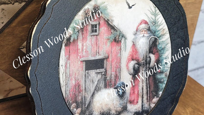 Santa Barn and Sheep Primitive Wood Plate Framed Art With Stand