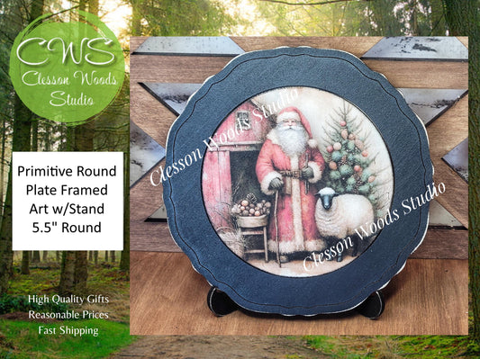Santa Tree Barn Sheep Primitive Wood Plate Framed Art With Stand