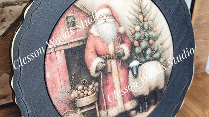 Santa Tree Barn Sheep Primitive Wood Plate Framed Art With Stand