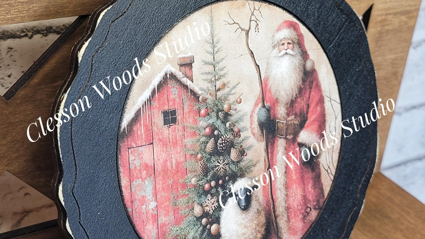 Santa tree Barn and Sheep Primitive Wood Plate Framed Art With Stand