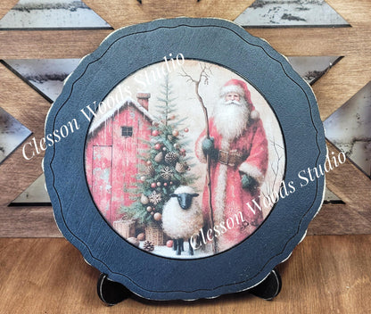 Santa tree Barn and Sheep Primitive Wood Plate Framed Art With Stand