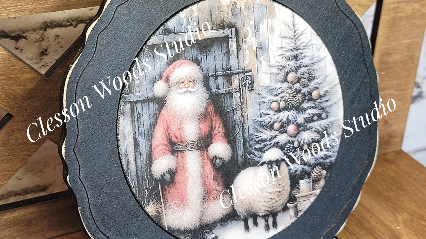 Santa Tree Blue Barn Sheep 2 Primitive Wood Plate Framed Art With Stand