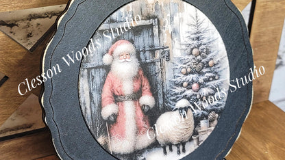 Santa Tree Blue Barn Sheep 2 Primitive Wood Plate Framed Art With Stand