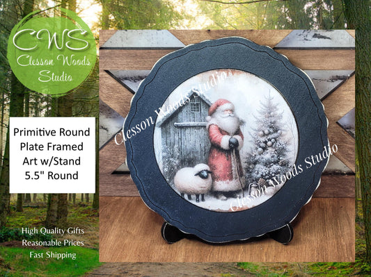 Santa Tree Blue Barn and Sheep 3 Primitive Wood Plate Framed Art With Stand