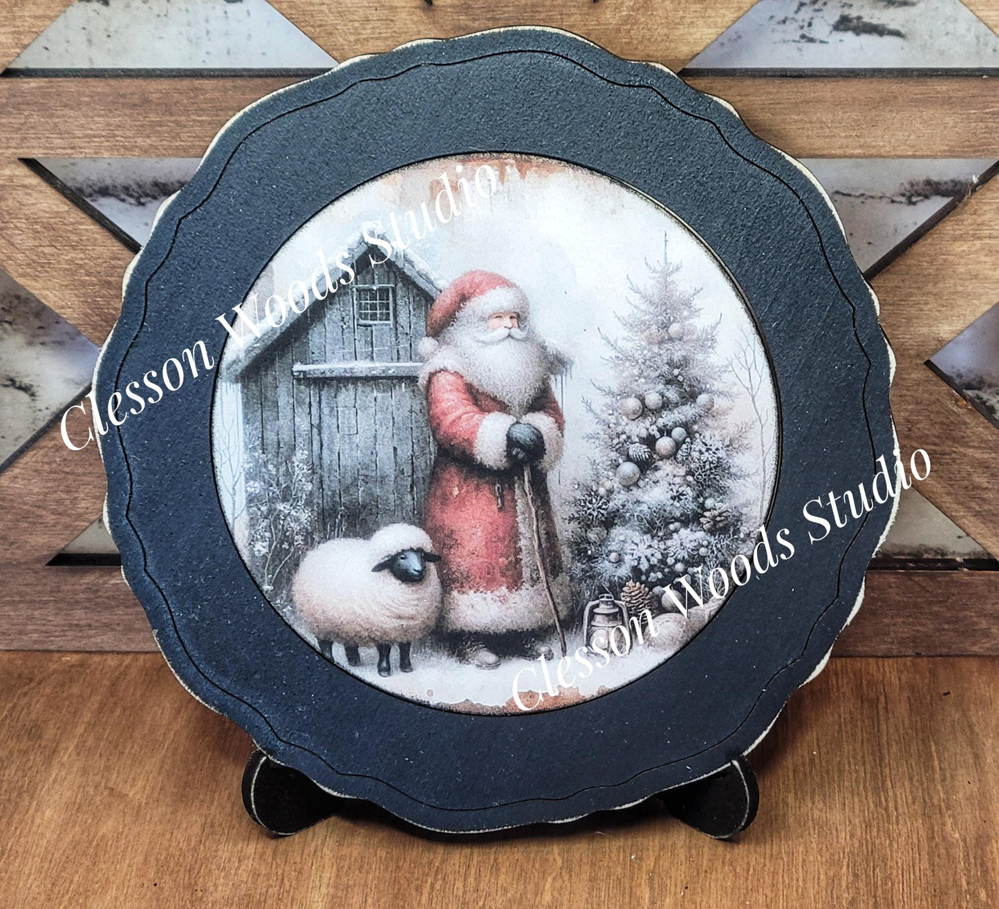 Santa Tree Blue Barn and Sheep 3 Primitive Wood Plate Framed Art With Stand