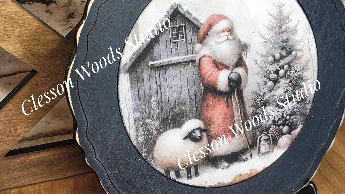 Santa Tree Blue Barn and Sheep 3 Primitive Wood Plate Framed Art With Stand