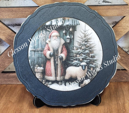 Santa Tree Blue Barn and Sheep  Primitive Wood Plate Framed Art With Stand