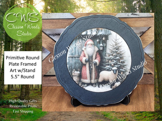 Santa Tree Blue Barn and Sheep  Primitive Wood Plate Framed Art With Stand