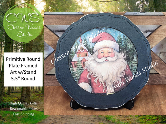 Santa Village Primitive Wood Plate Framed Art With Stand