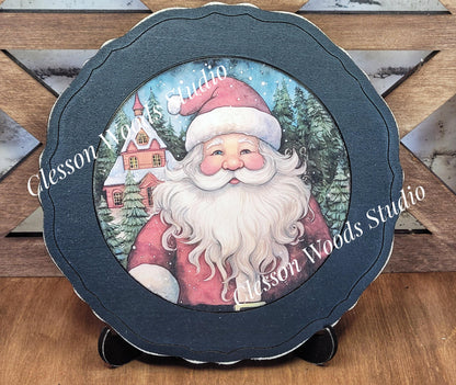Santa Village Primitive Wood Plate Framed Art With Stand