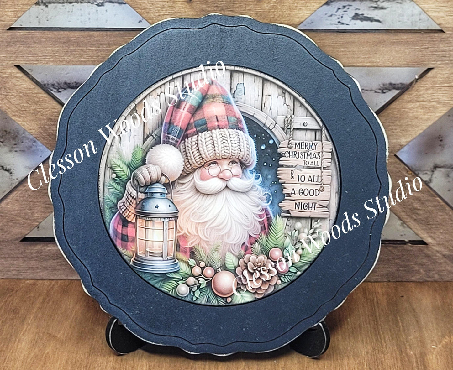 Santa With Lantern Primitive Wood Plate Framed Art With Stand