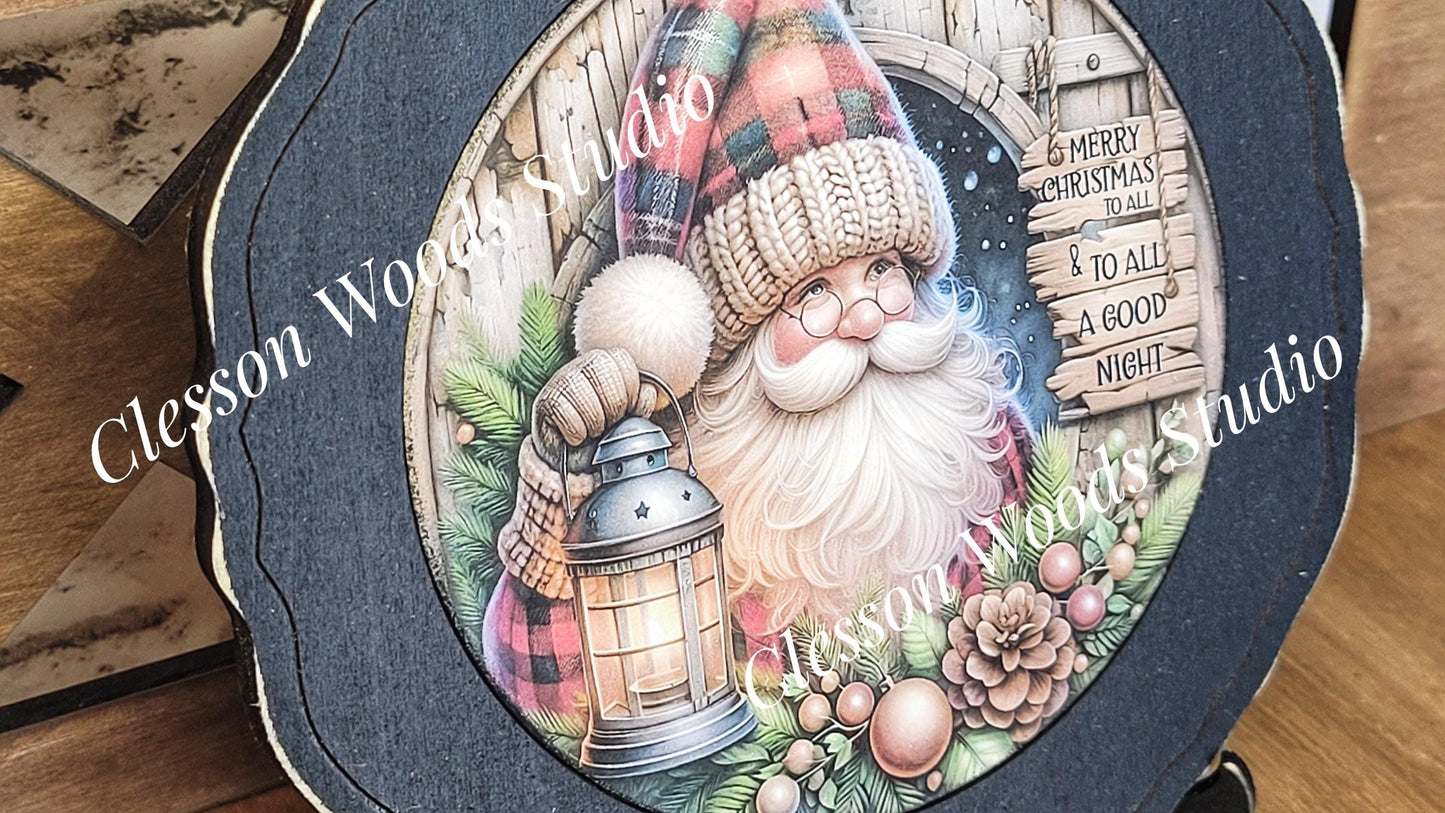 Santa With Lantern Primitive Wood Plate Framed Art With Stand