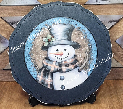 Snowman Blue and Brown Primitive Wood Plate Framed Art With Stand