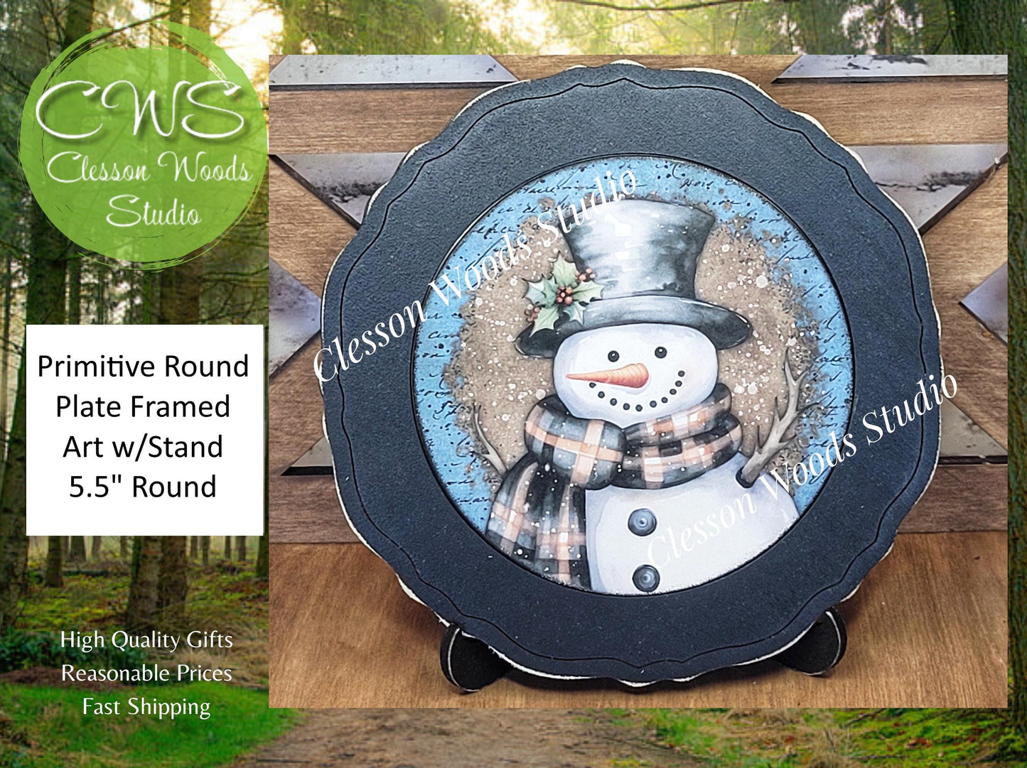 Snowman Blue and Brown Primitive Wood Plate Framed Art With Stand