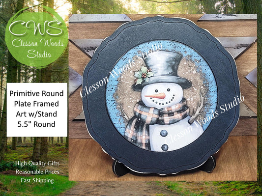 Snowman Blue and Brown Primitive Wood Plate Framed Art With Stand