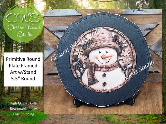 Snowman Brown Pinecones Primitive Wood Plate Framed Art With Stand