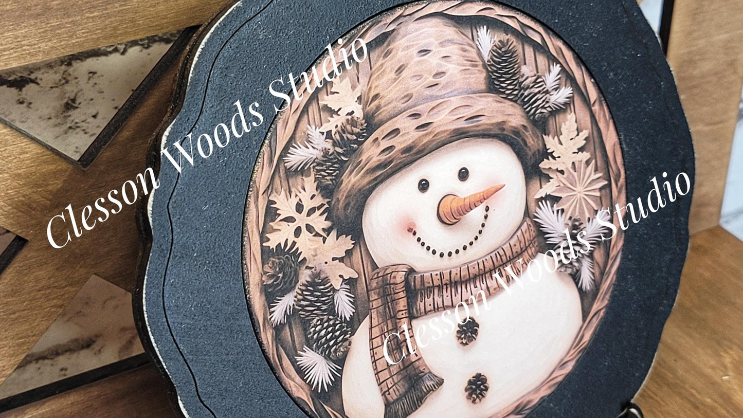 Snowman Brown Pinecones Primitive Wood Plate Framed Art With Stand