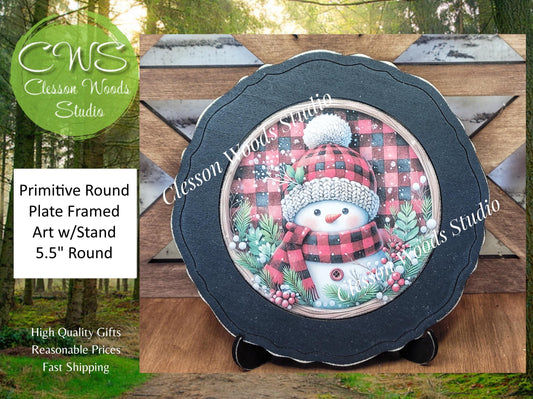 Snowman Red Black Plaid Primitive Wood Plate Framed Art With Stand