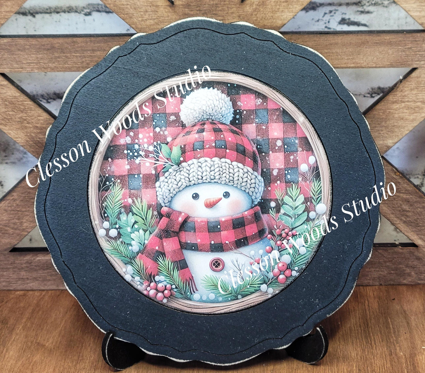 Snowman Red Black Plaid Primitive Wood Plate Framed Art With Stand