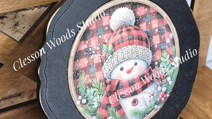 Snowman Red Black Plaid Primitive Wood Plate Framed Art With Stand
