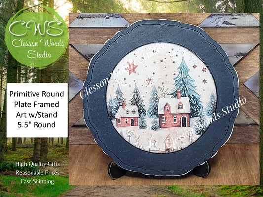 Winter Folk Art Village 1 Primitive Wood Plate Framed Art With Stand