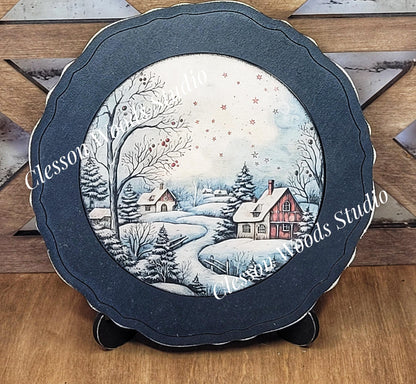 Winter Folk Art Village 2 Primitive Wood Plate Framed Art With Stand