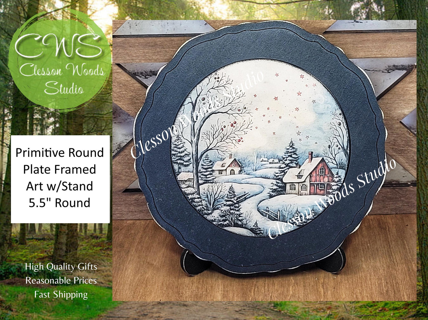 Winter Folk Art Village 2 Primitive Wood Plate Framed Art With Stand