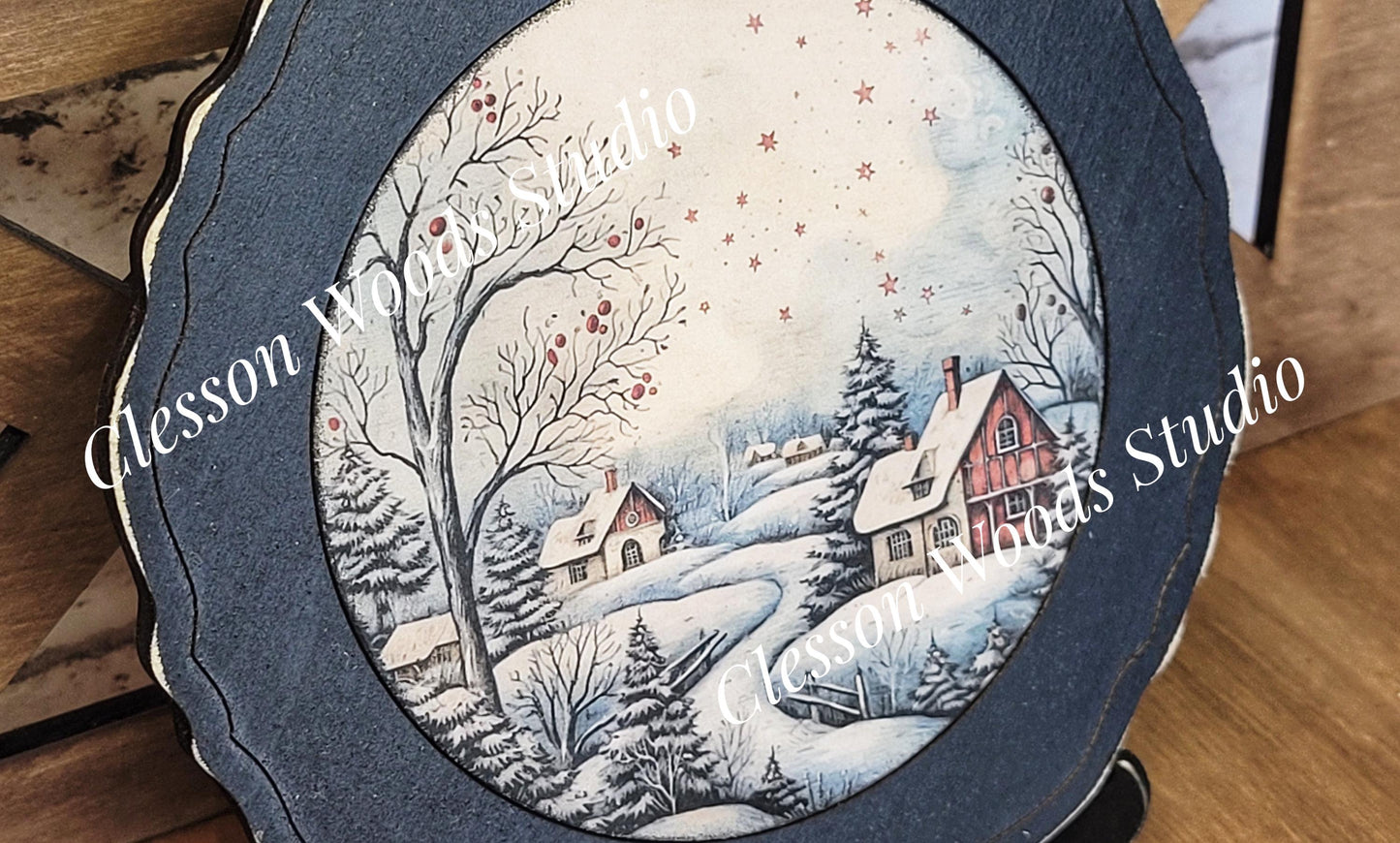Winter Folk Art Village 2 Primitive Wood Plate Framed Art With Stand