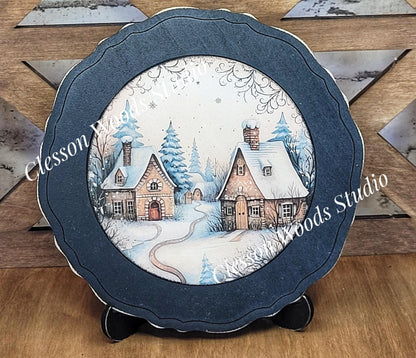 Winter Folk Art Village 4 Primitive Wood Plate Framed Art With Stand