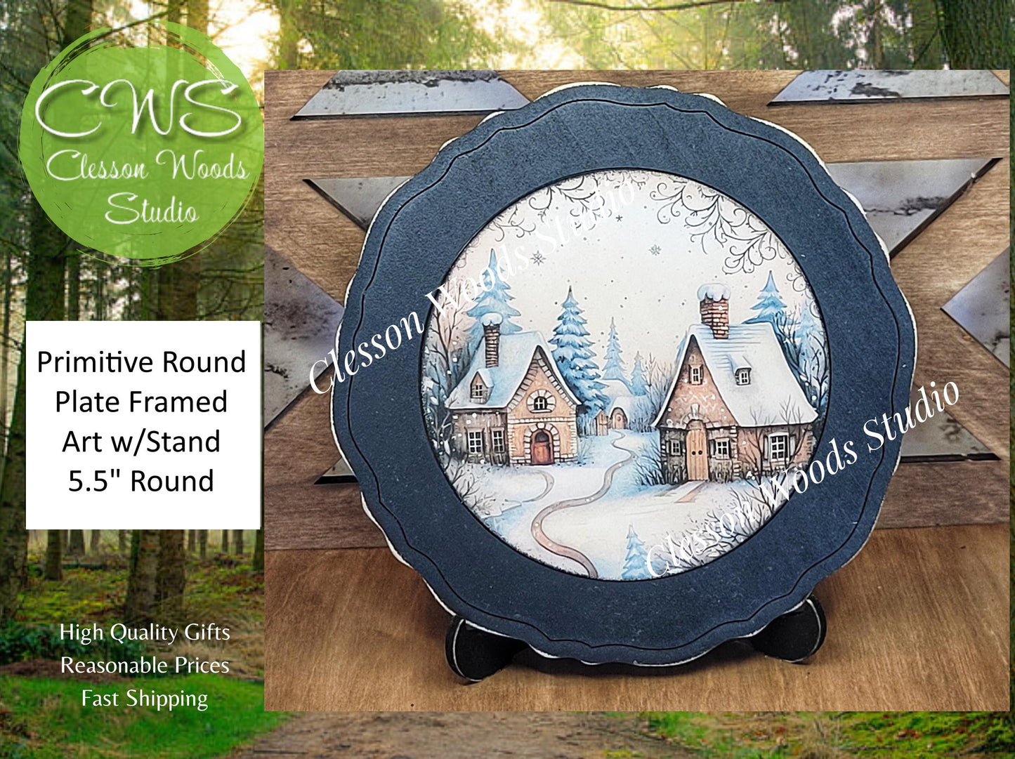 Winter Folk Art Village 4 Primitive Wood Plate Framed Art With Stand