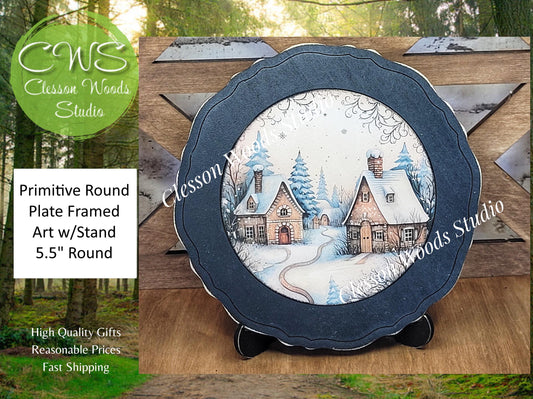 Winter Folk Art Village 4 Primitive Wood Plate Framed Art With Stand