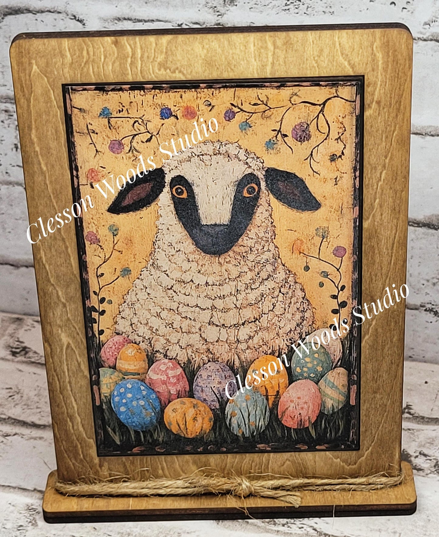 Primitive Sheep Easter Eggs Framed Art with Attached Stand