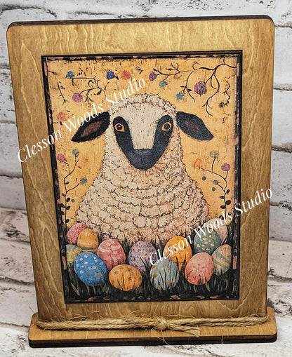 Primitive Sheep Easter Eggs Framed Art with Attached Stand