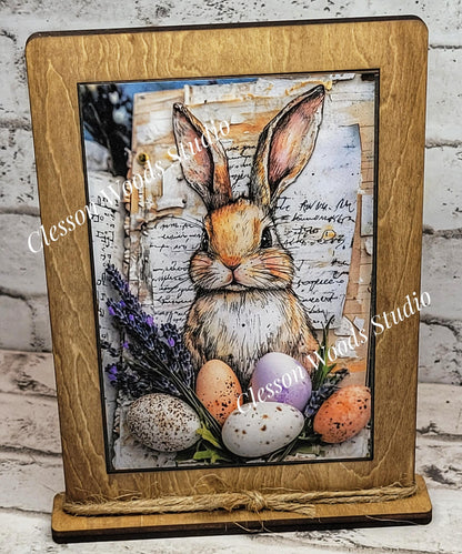 Primitive Easter Bunny Framed Art with Attached Stand