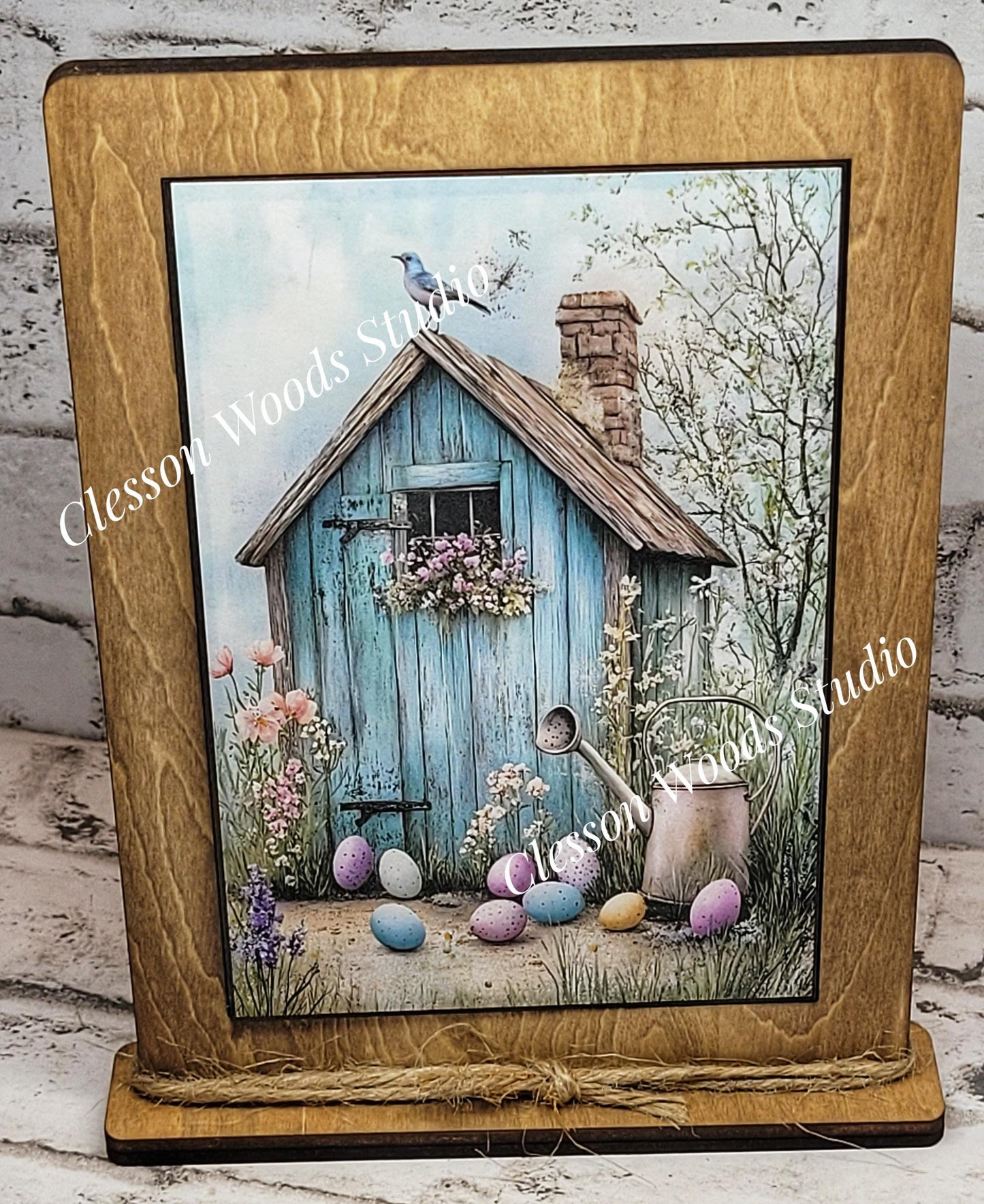 Primitive Easter Potting Shed Framed Art with Attached Stand