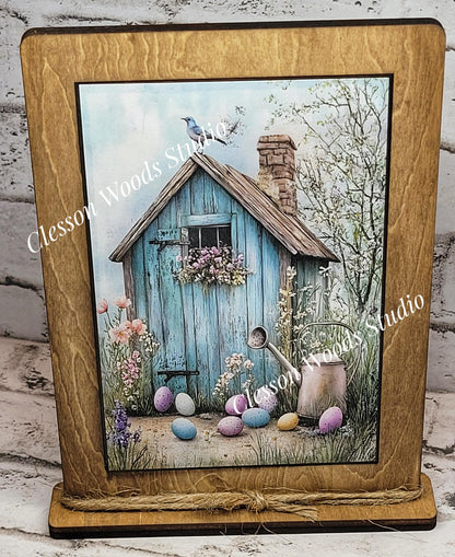 Primitive Easter Potting Shed Framed Art with Attached Stand