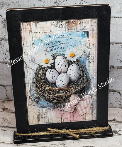 Primitive Spring Bird Nest Framed Art with Attached Stand