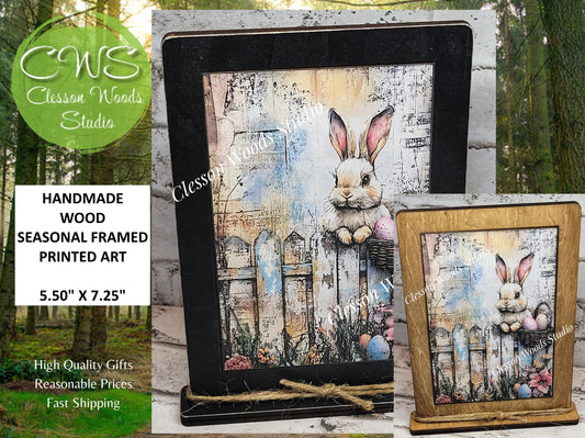 Primitive Spring Easter Bunny Fence Framed Art with Attached Stand