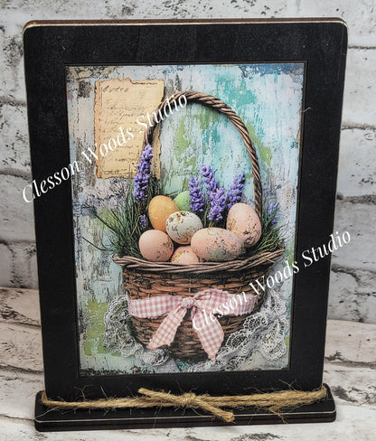 Primitive Easter Basket Framed Art with Attached Stand